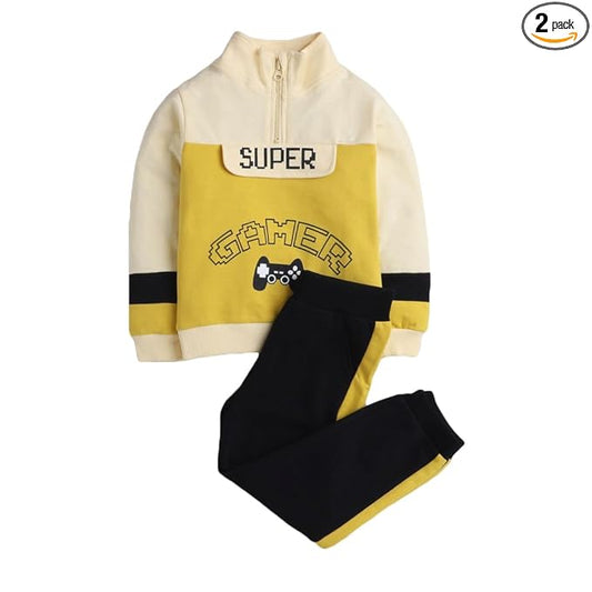 Hopscotch Cotton Boys Text Print Top Joggers Set In Yellow Color