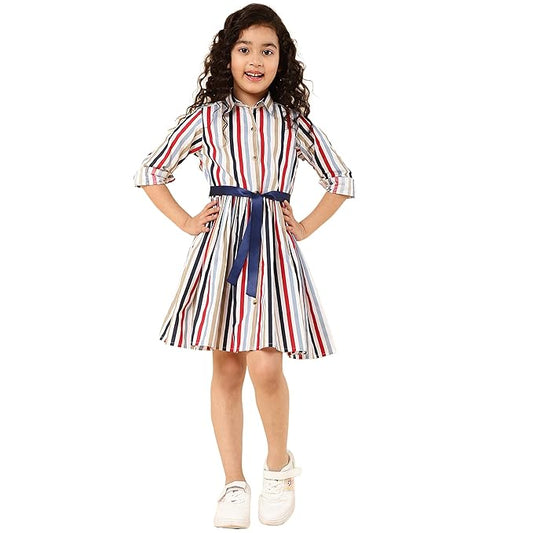 Girls Cotton Striped Knee Length Shirt Dress
