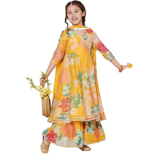 Girls Rayon Fabric Floral Printed 3/4 Sleeve Sharara Dress Set