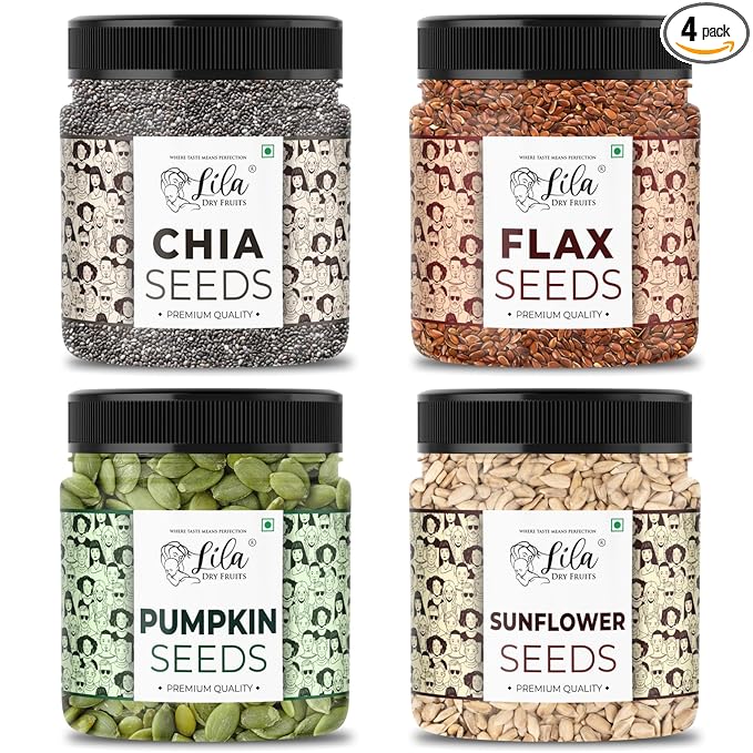LILA DRY FRUITS 4 Superseed Combo (Chia, Pumpkin, Sunflower & Flax) 250gms each (1kg total) Jar Pack