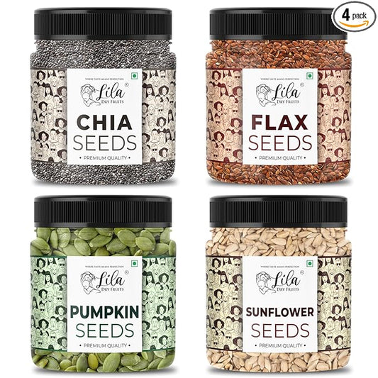 LILA DRY FRUITS 4 Superseed Combo (Chia, Pumpkin, Sunflower & Flax) 250gms each (1kg total) Jar Pack