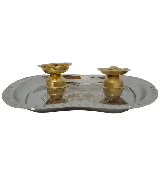 Antique Silver-Finish Puja Thali with Brass Diya