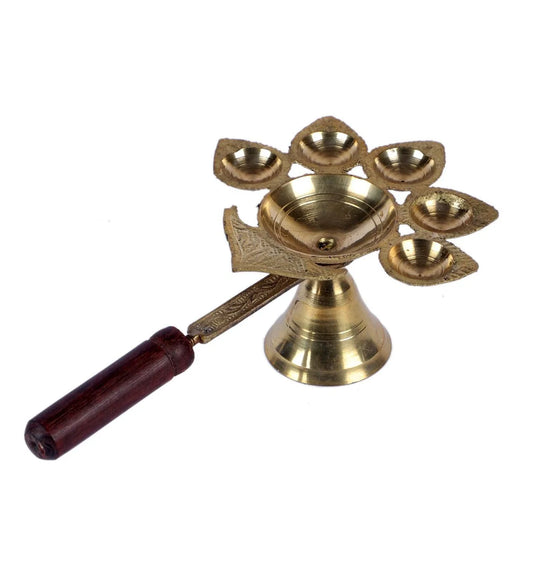 Golden Brass Panch Aarti Diya With Wooden Handle