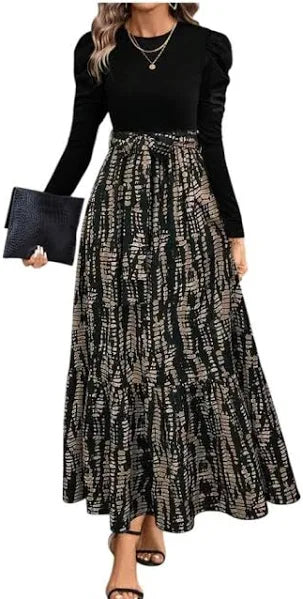 HKV Clasi Women's Autumn Leaf & Floral Patchwork A-Line Dress